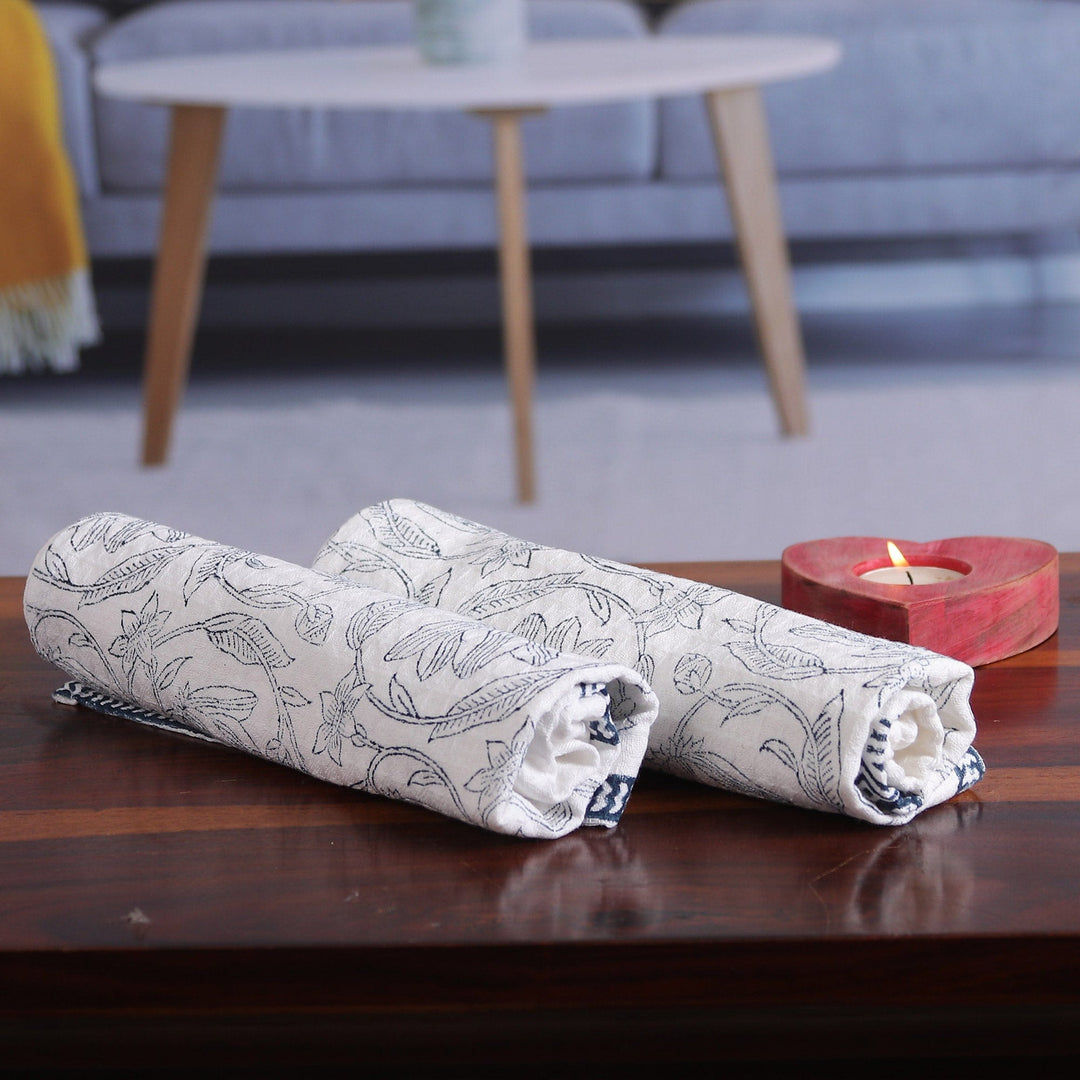 2 Hand-Block Printed Floral and Leaf Cotton Dish Towels - Garden Delight