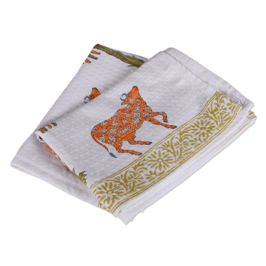 2 Hand-Block Printed Cow and Banana Tree Cotton Dish Towels - Icons of India