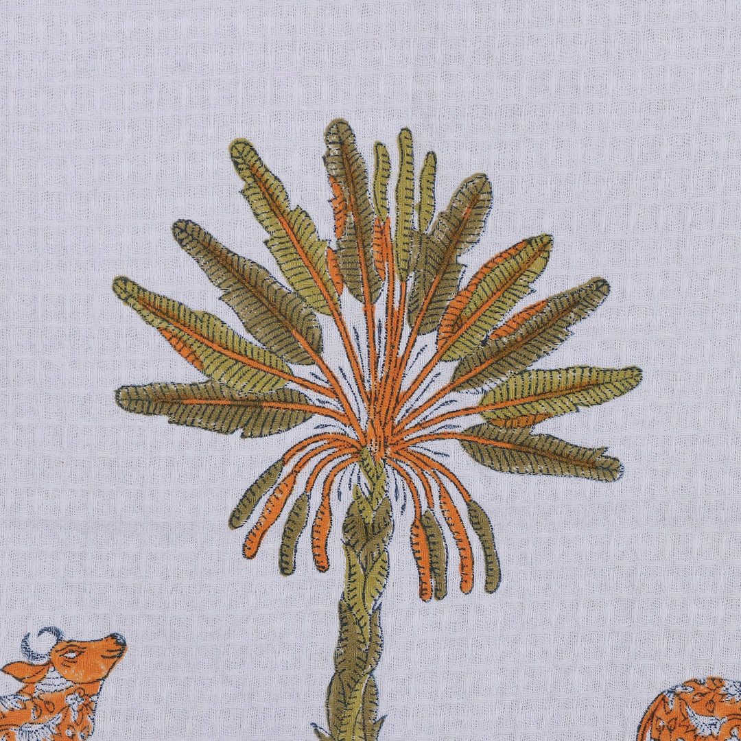 2 Hand-Block Printed Cow and Banana Tree Cotton Dish Towels - Icons of India