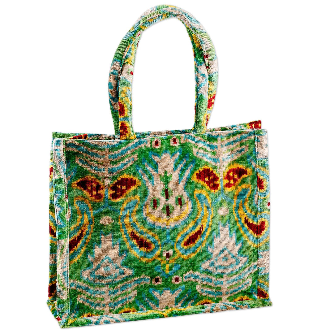 Pomegranate-Themed Green Silk Velvet Handle Bag - Green Adoration