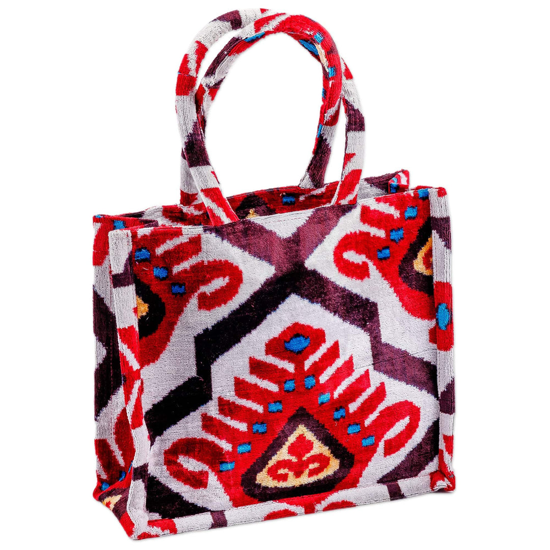 Traditional-Patterned Red and White Silk Velvet Handle Bag - Vibrant Manor