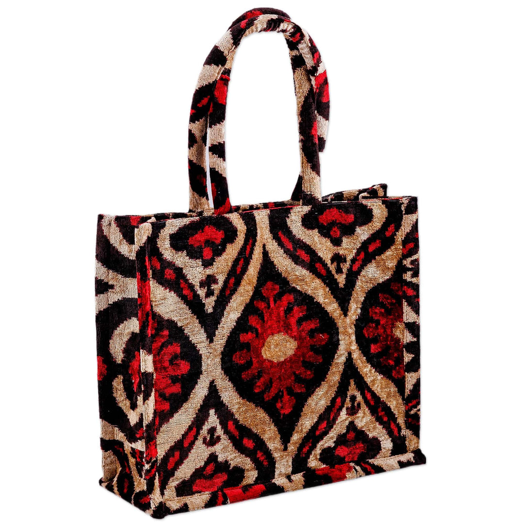 Classic-Patterned Beige and Red Silk Velvet Handle Bag - Luxurious World