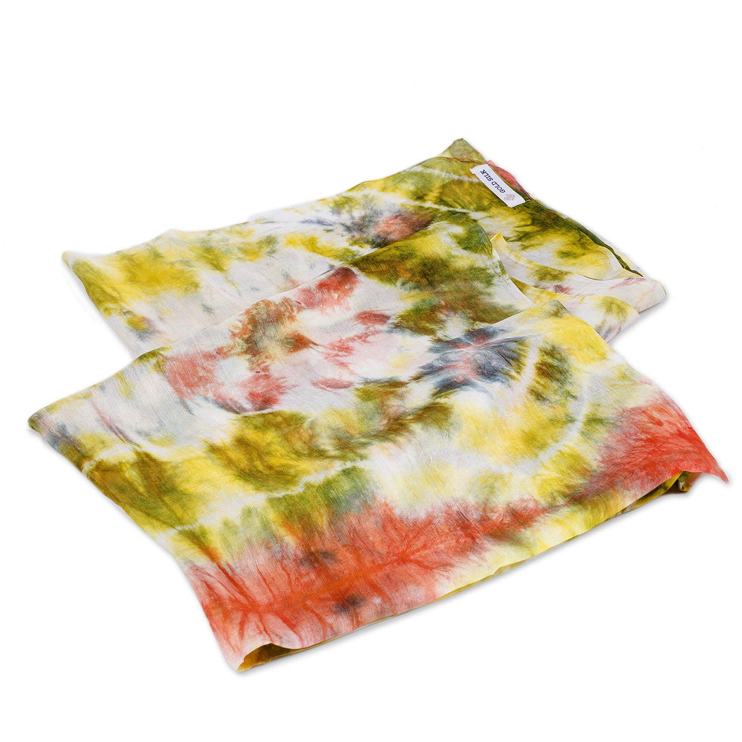 Handwoven Abstract Tie-Dyed Green and Brown Silk Scarf - Forest Dimension