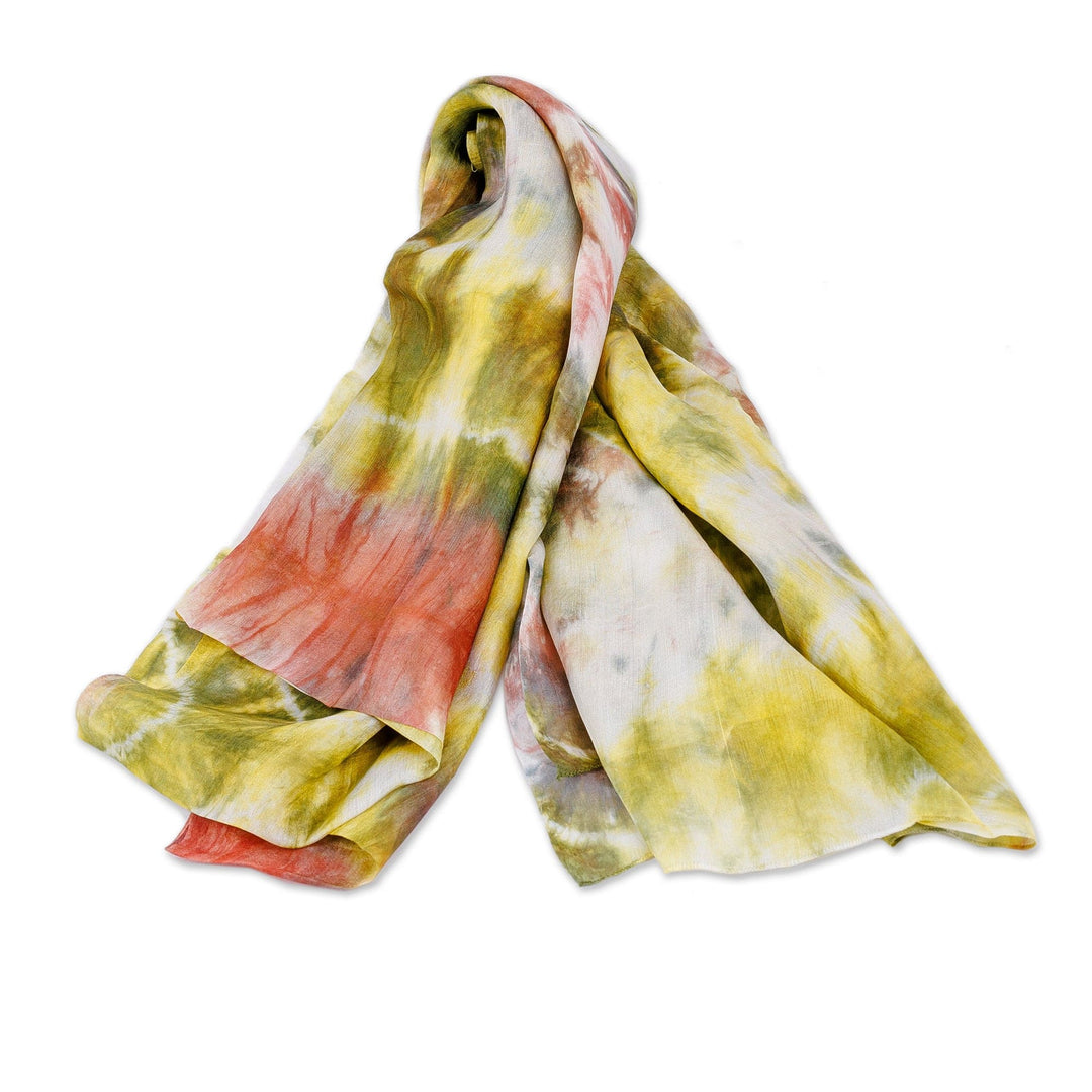 Handwoven Abstract Tie-Dyed Green and Brown Silk Scarf - Forest Dimension