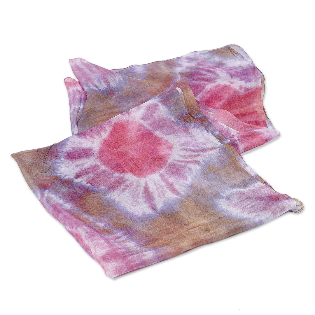 Handwoven Abstract Tie-Dyed Purple and Pink Silk Scarf - Spring Dimension