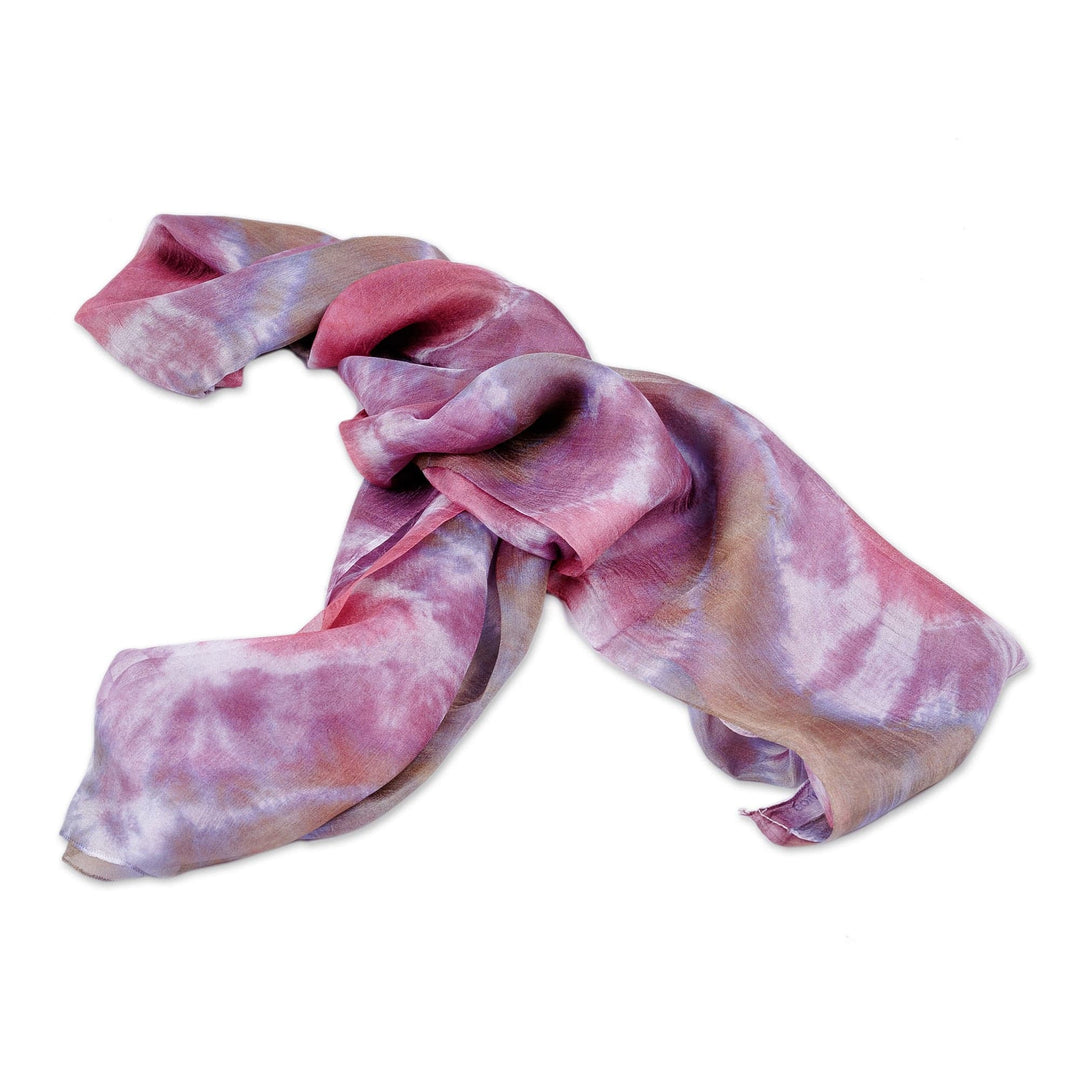 Handwoven Abstract Tie-Dyed Purple and Pink Silk Scarf - Spring Dimension