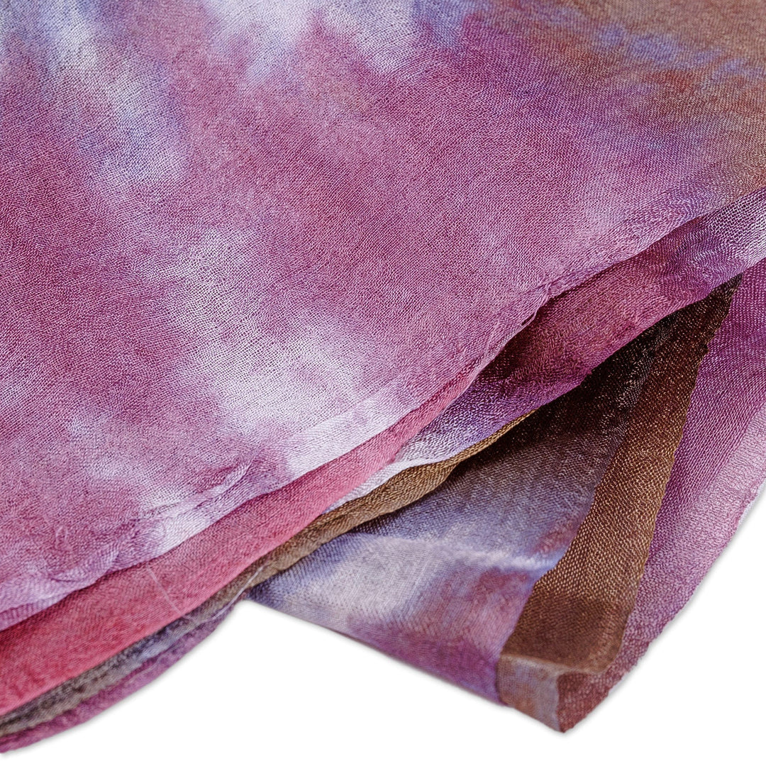 Handwoven Abstract Tie-Dyed Purple and Pink Silk Scarf - Spring Dimension