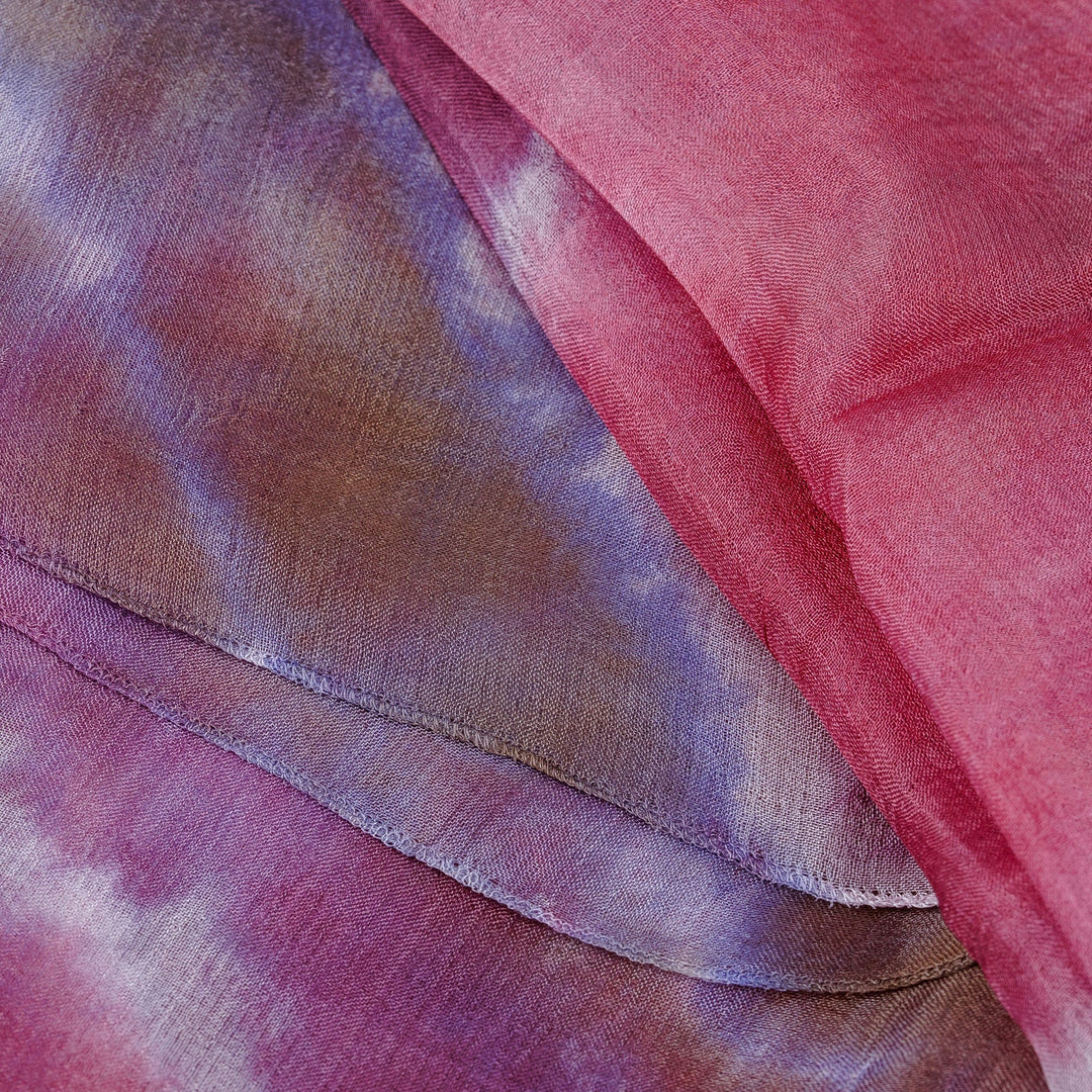 Handwoven Abstract Tie-Dyed Purple and Pink Silk Scarf - Spring Dimension