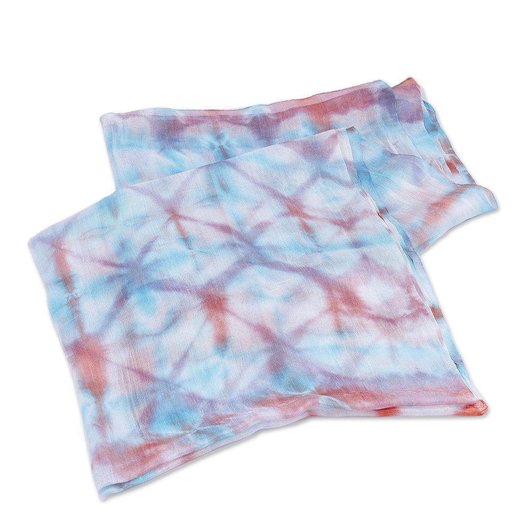 Handwoven Abstract Tie-Dyed Blue and Orange Silk Scarf - Ocean Dimension