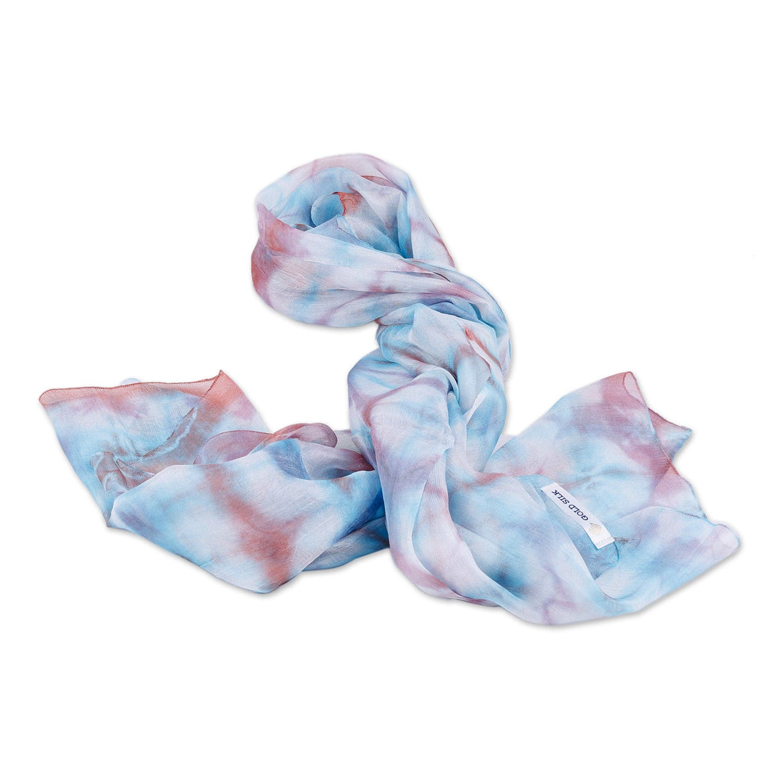 Handwoven Abstract Tie-Dyed Blue and Orange Silk Scarf - Ocean Dimension