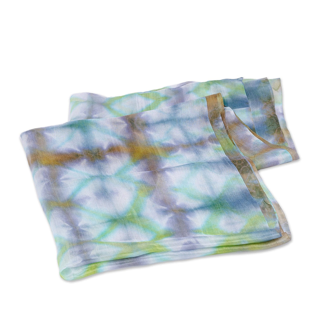Handwoven Abstract Tie-Dyed Green and Blue Silk Scarf - Lagoon Dimension