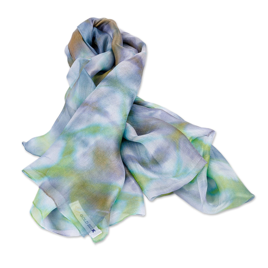 Handwoven Abstract Tie-Dyed Green and Blue Silk Scarf - Lagoon Dimension
