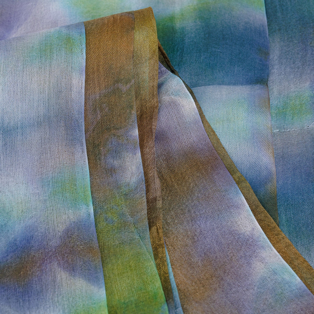 Handwoven Abstract Tie-Dyed Green and Blue Silk Scarf - Lagoon Dimension