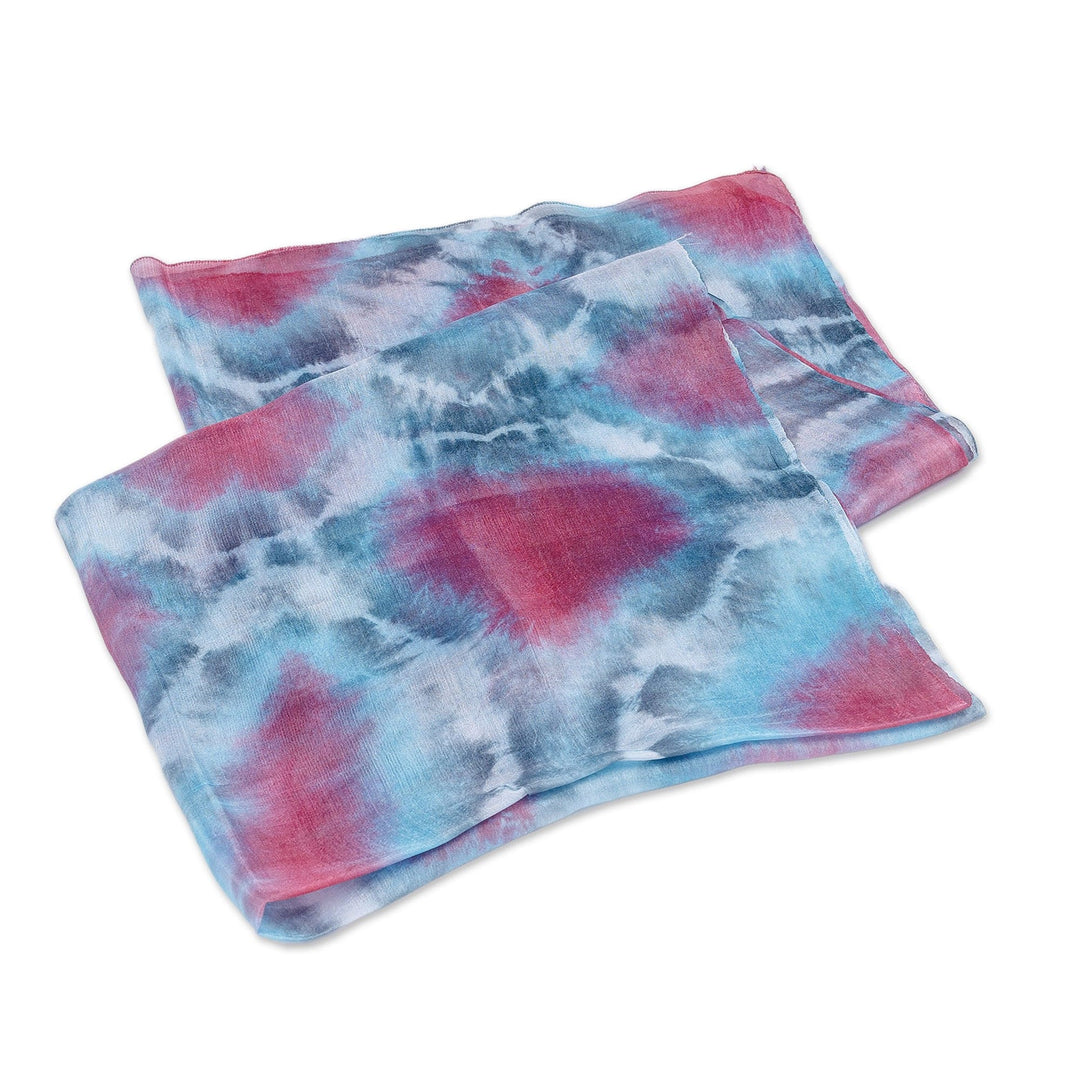 Handwoven Abstract Tie-Dyed Pink and Blue Silk Scarf - Twilight Dimension