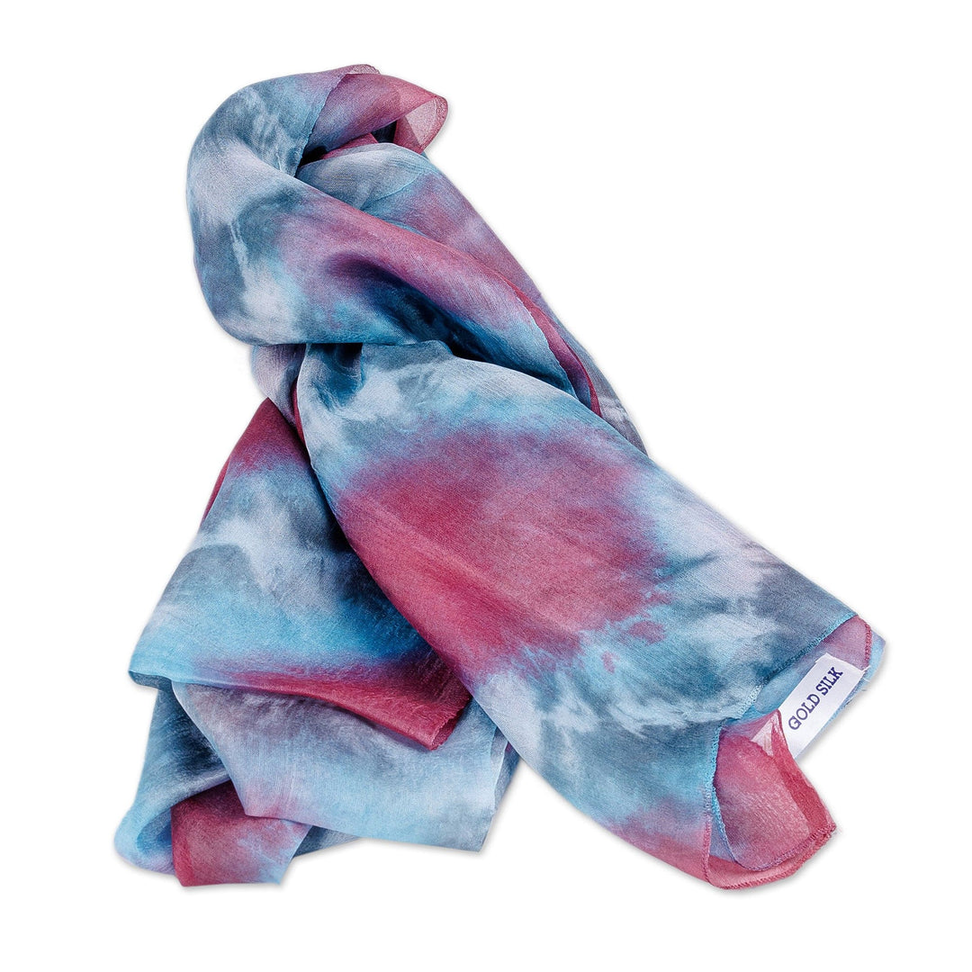Handwoven Abstract Tie-Dyed Pink and Blue Silk Scarf - Twilight Dimension