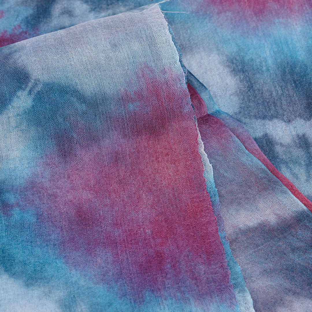 Handwoven Abstract Tie-Dyed Pink and Blue Silk Scarf - Twilight Dimension