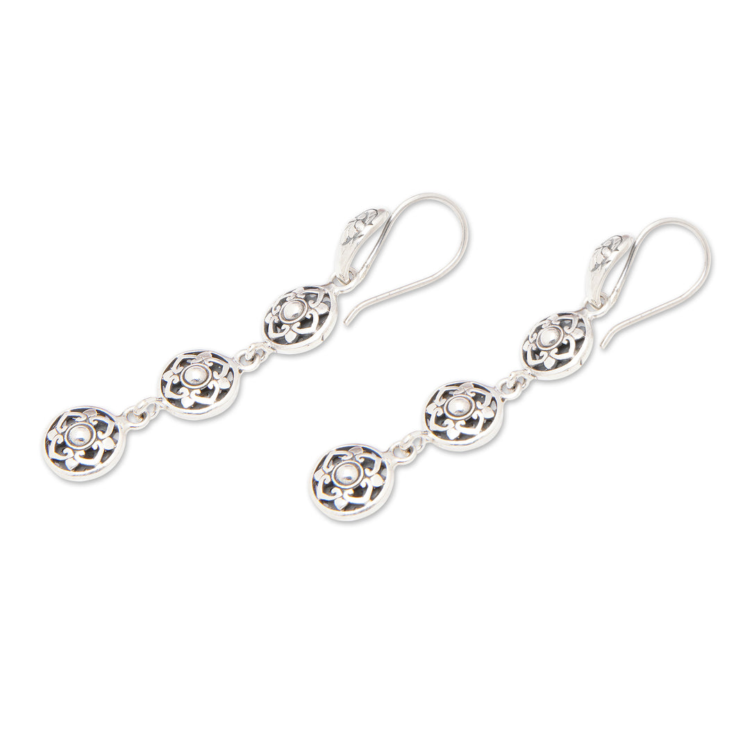 Polished Floral Sterling Silver Dangle Earrings from Bali - Flower Heart