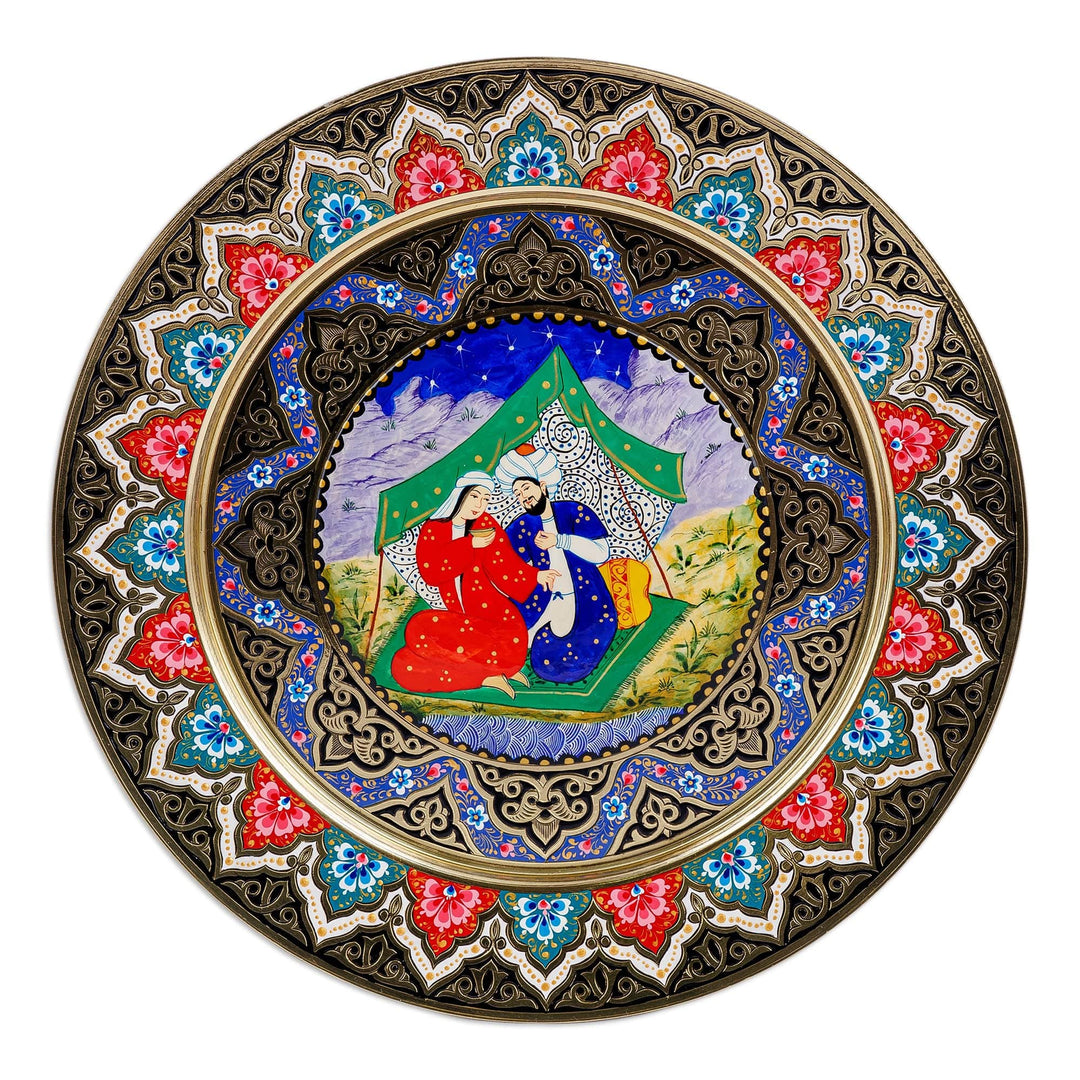 Traditional Romantic Hand-Painted Round Brass Wall Art - Romance in Bukhara