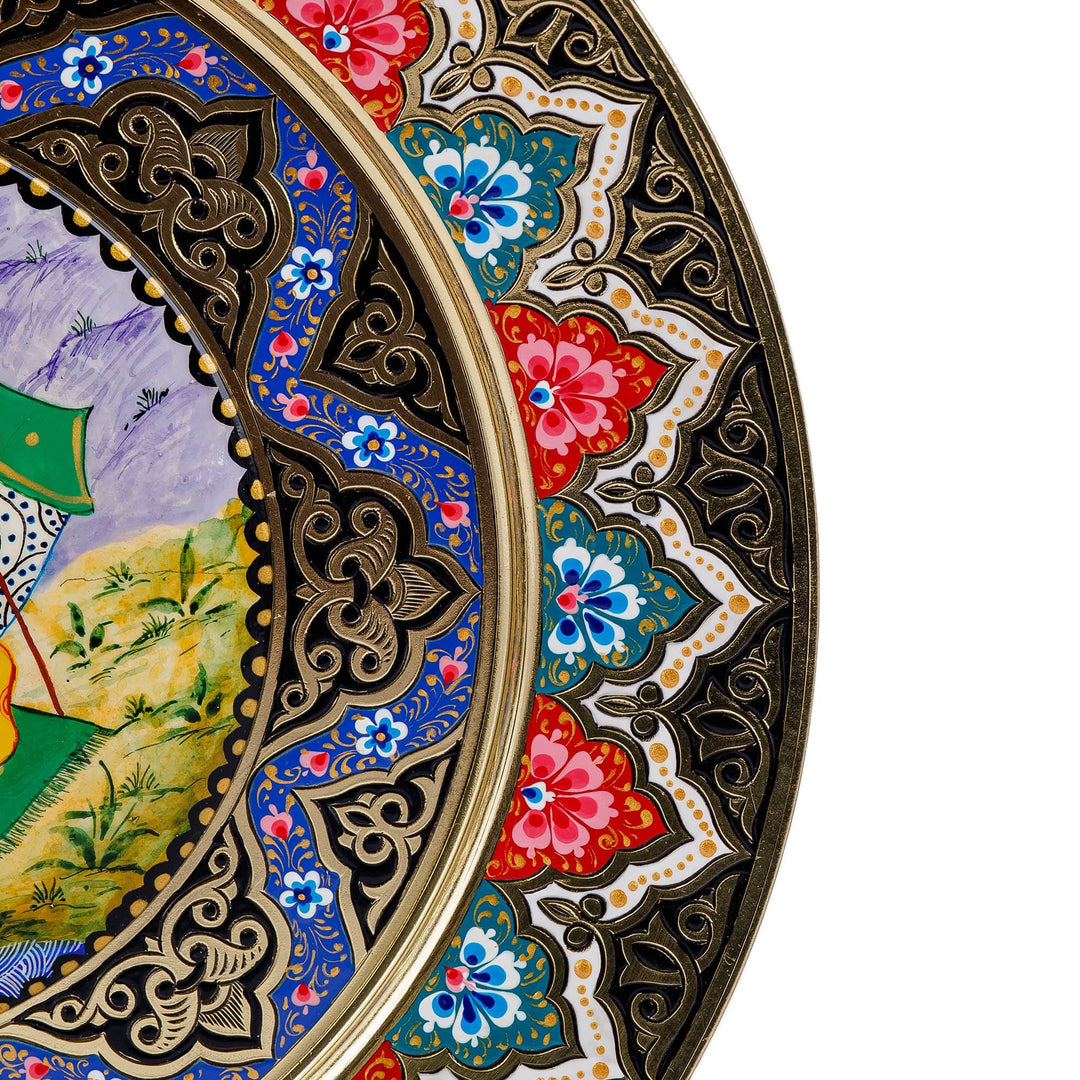 Traditional Romantic Hand-Painted Round Brass Wall Art - Romance in Bukhara