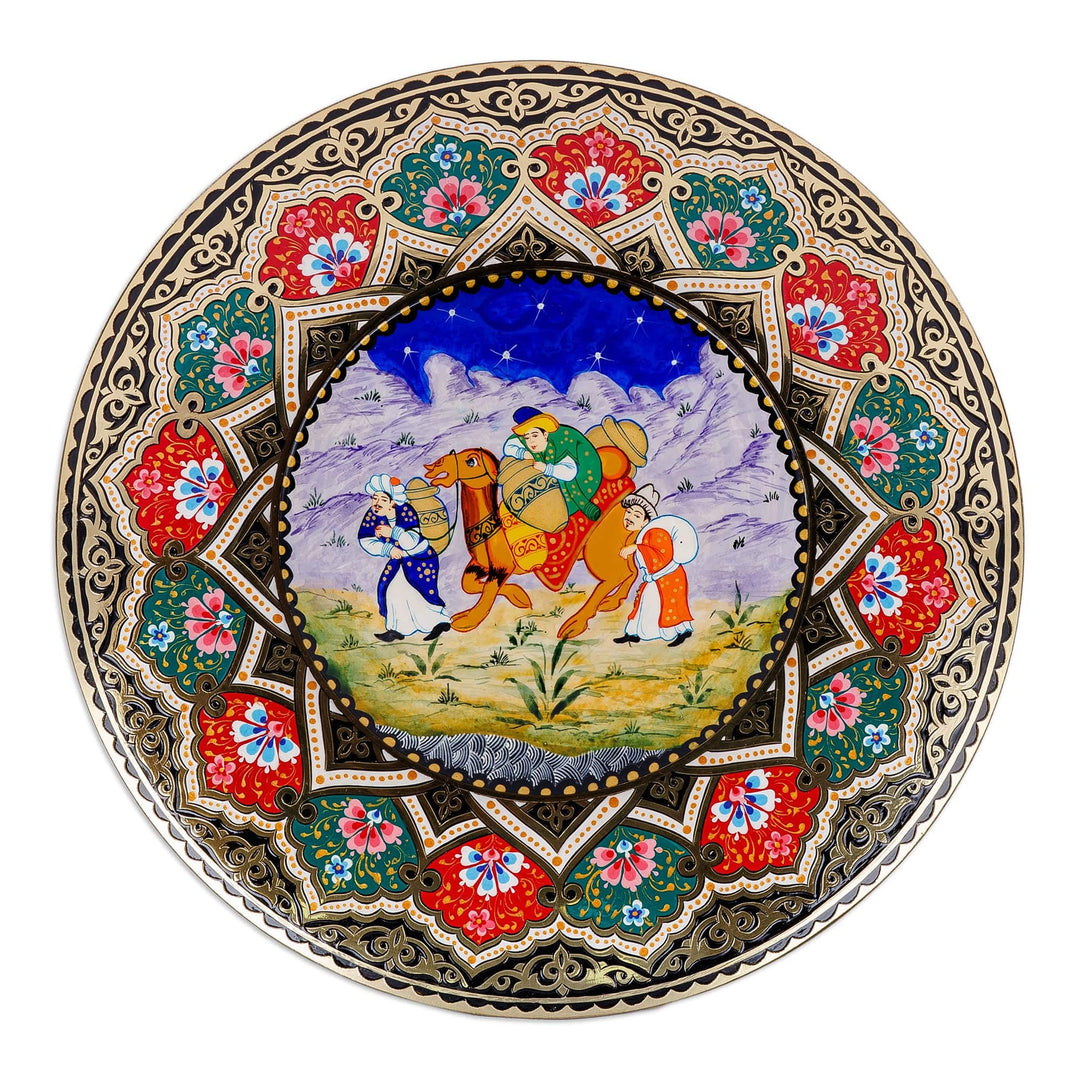 Traditional Painted Round Brass Wall Art from Uzbekistan - Merchant's Journey