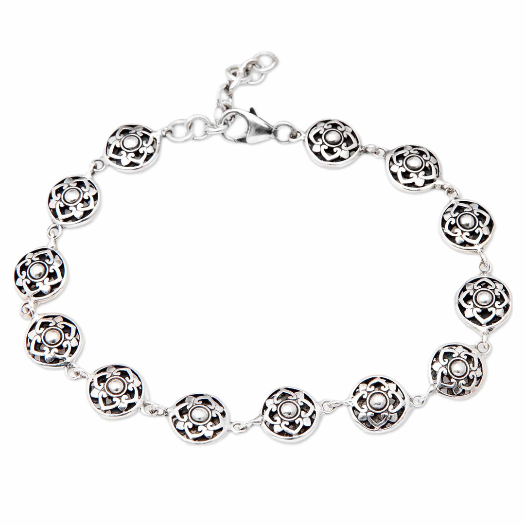 Polished Floral Sterling Silver Link Bracelet from Bali - Flower Heart
