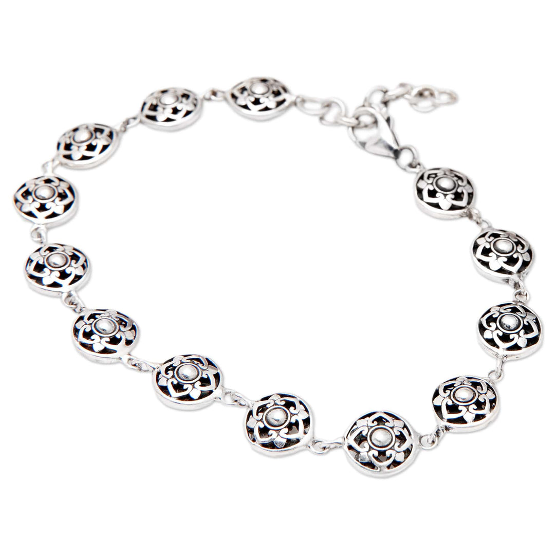 Polished Floral Sterling Silver Link Bracelet from Bali - Flower Heart