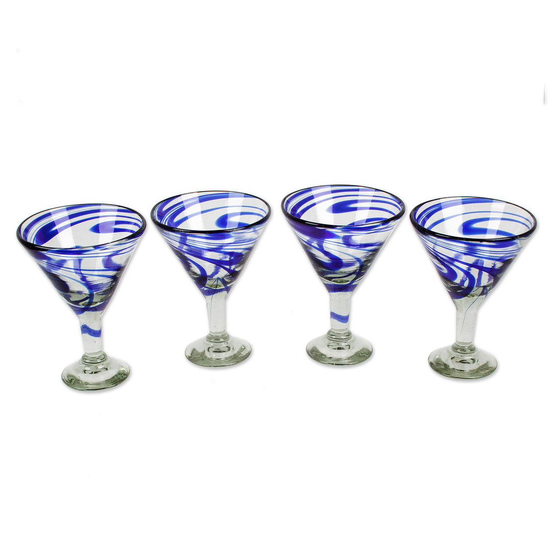 Eco-Friendly Set of 4 Handblown Blue Swirl Martini Glasses - Cobalt Swirls