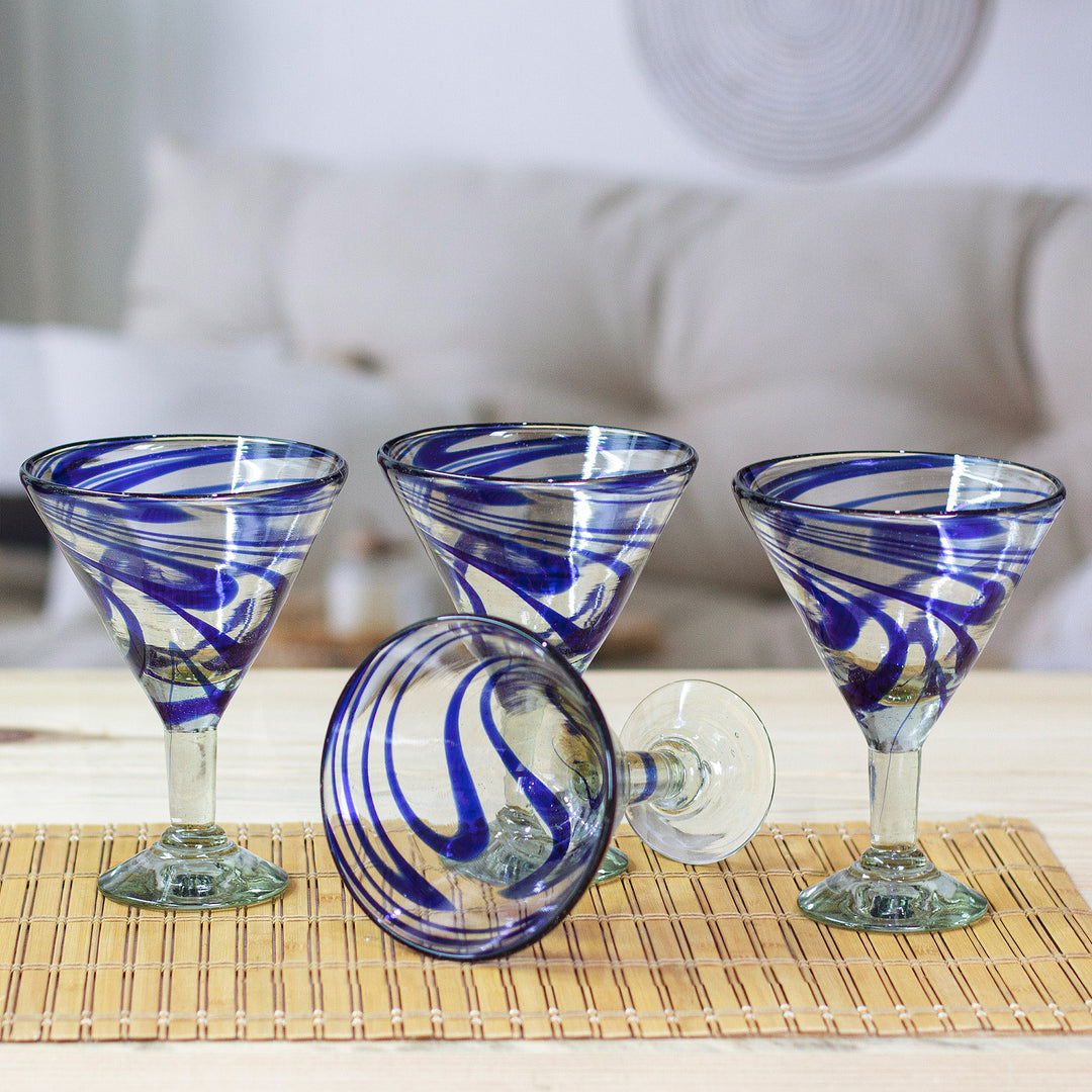 Eco-Friendly Set of 4 Handblown Blue Swirl Martini Glasses - Cobalt Swirls