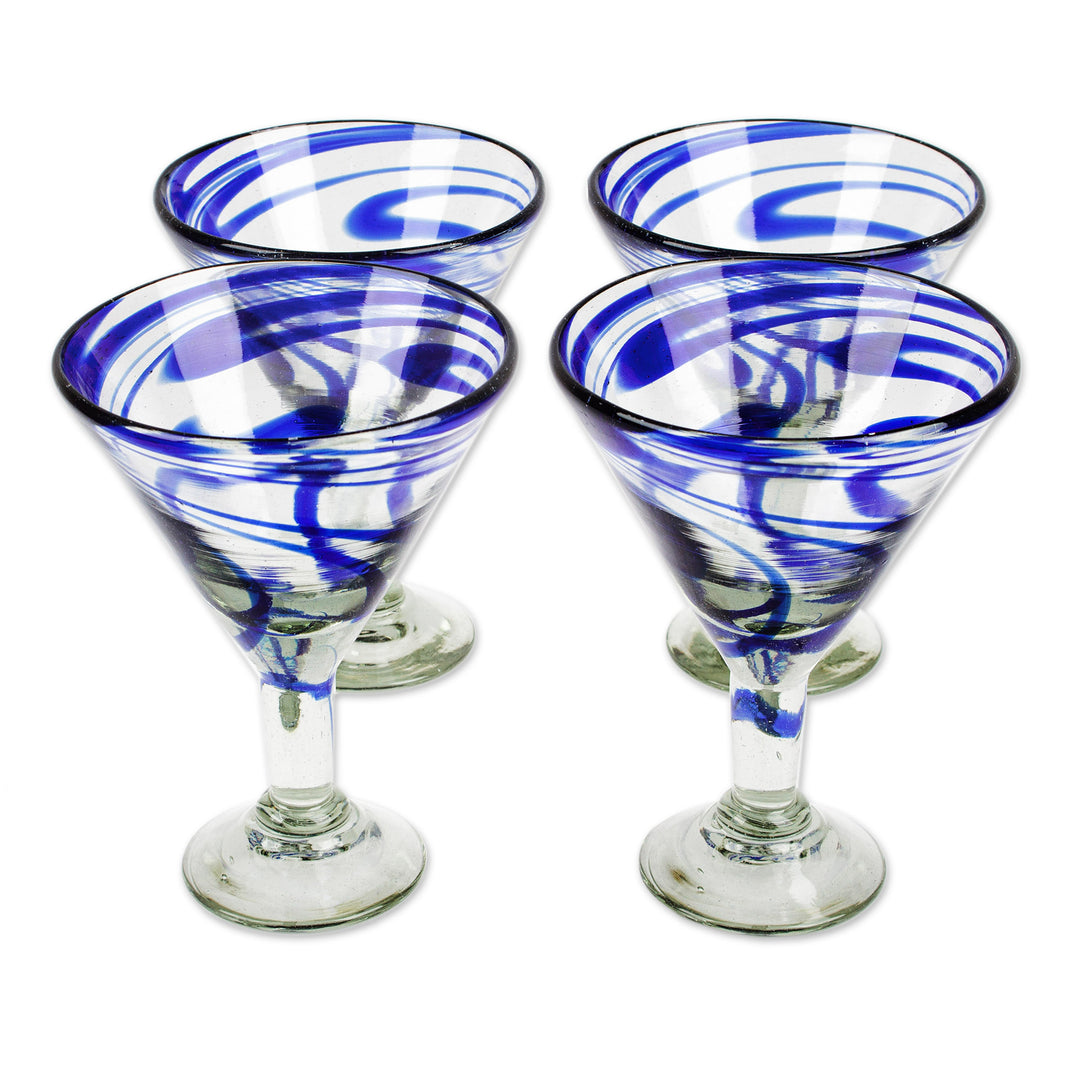 Eco-Friendly Set of 4 Handblown Blue Swirl Martini Glasses - Cobalt Swirls