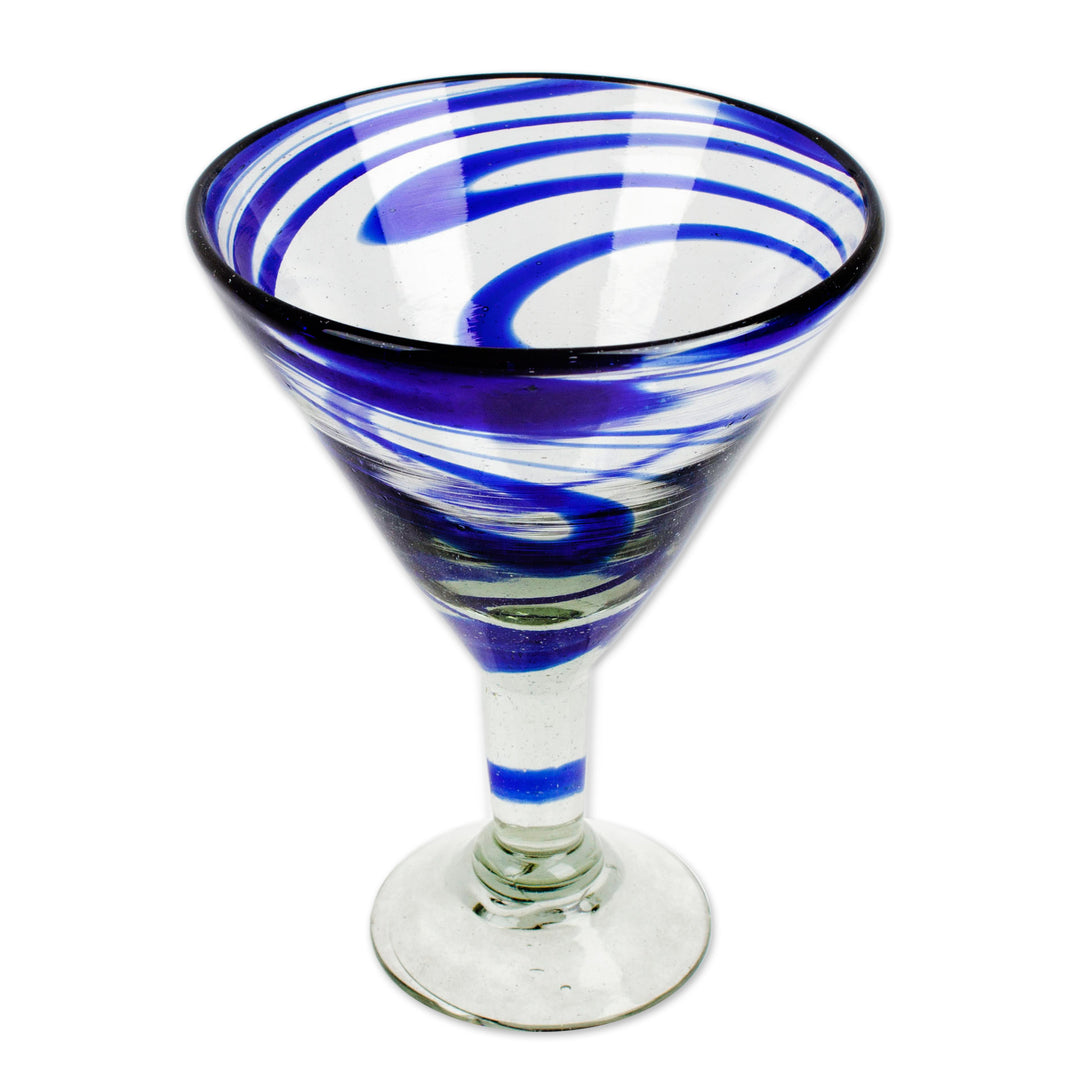 Eco-Friendly Set of 4 Handblown Blue Swirl Martini Glasses - Cobalt Swirls