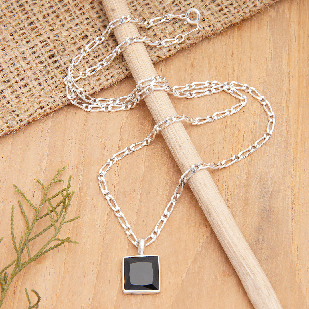 Modern Sterling Silver Necklace with Square Onyx Pendant - Night Pond