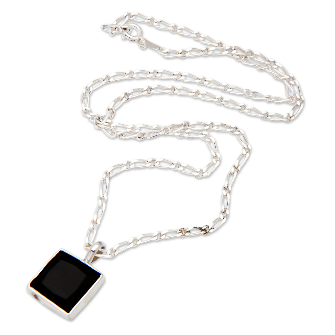 Modern Sterling Silver Necklace with Square Onyx Pendant - Night Pond