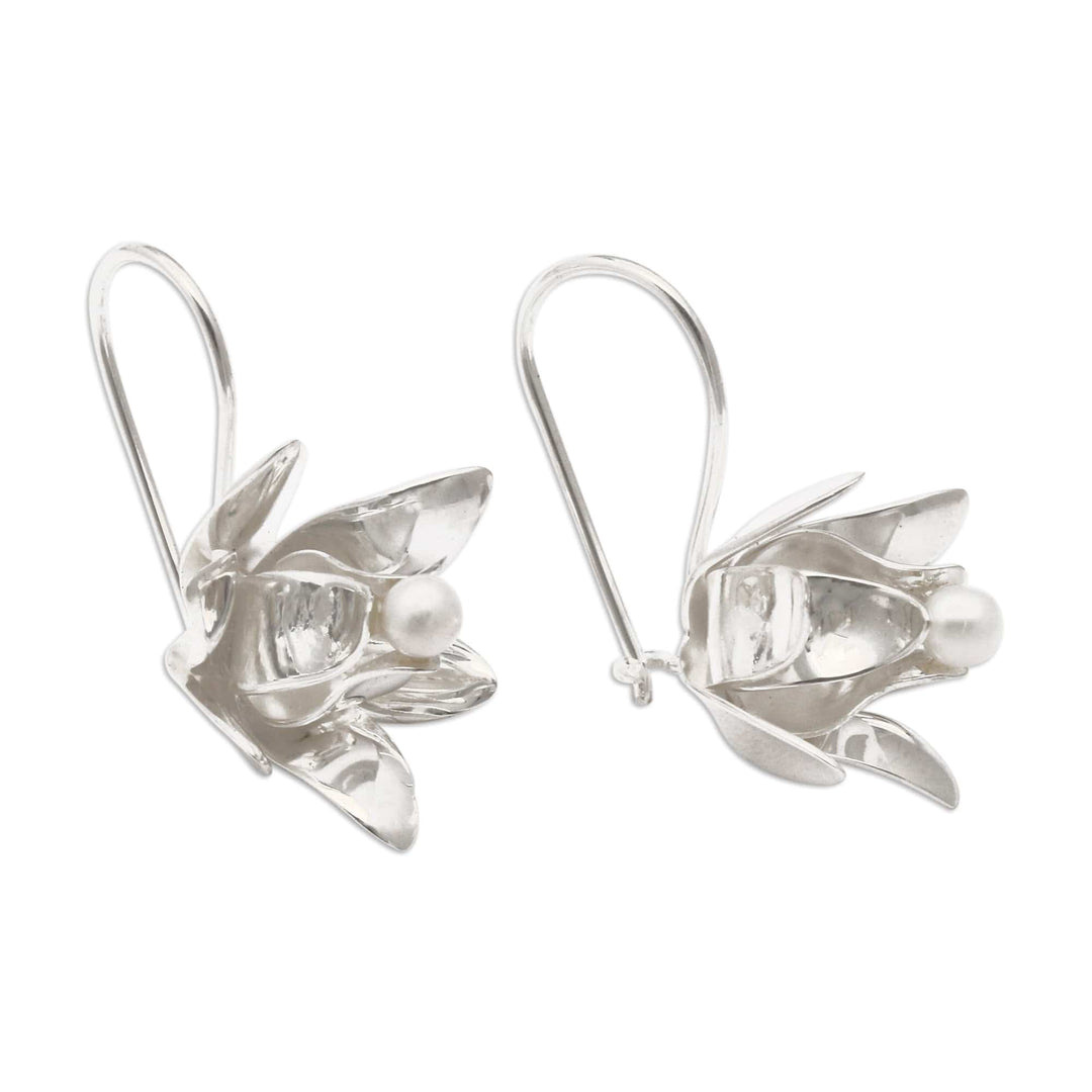 Bridal Lotus-Shaped Drop Earrings with Silver-White Pearls - Awakening Lotus