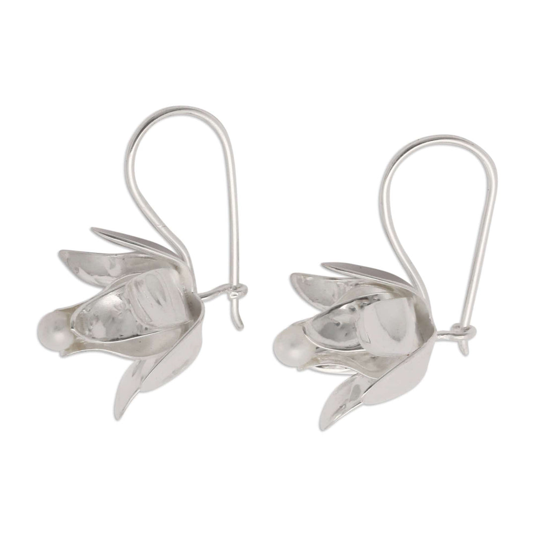 Bridal Lotus-Shaped Drop Earrings with Silver-White Pearls - Awakening Lotus