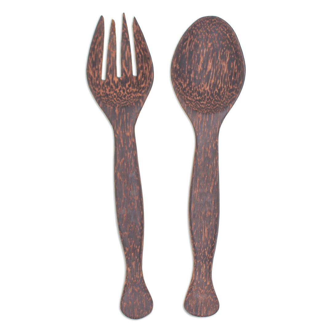 Hand-Carved Palmyra Palm Wood Salad Serving Set (Set of 2) - Island Flavor