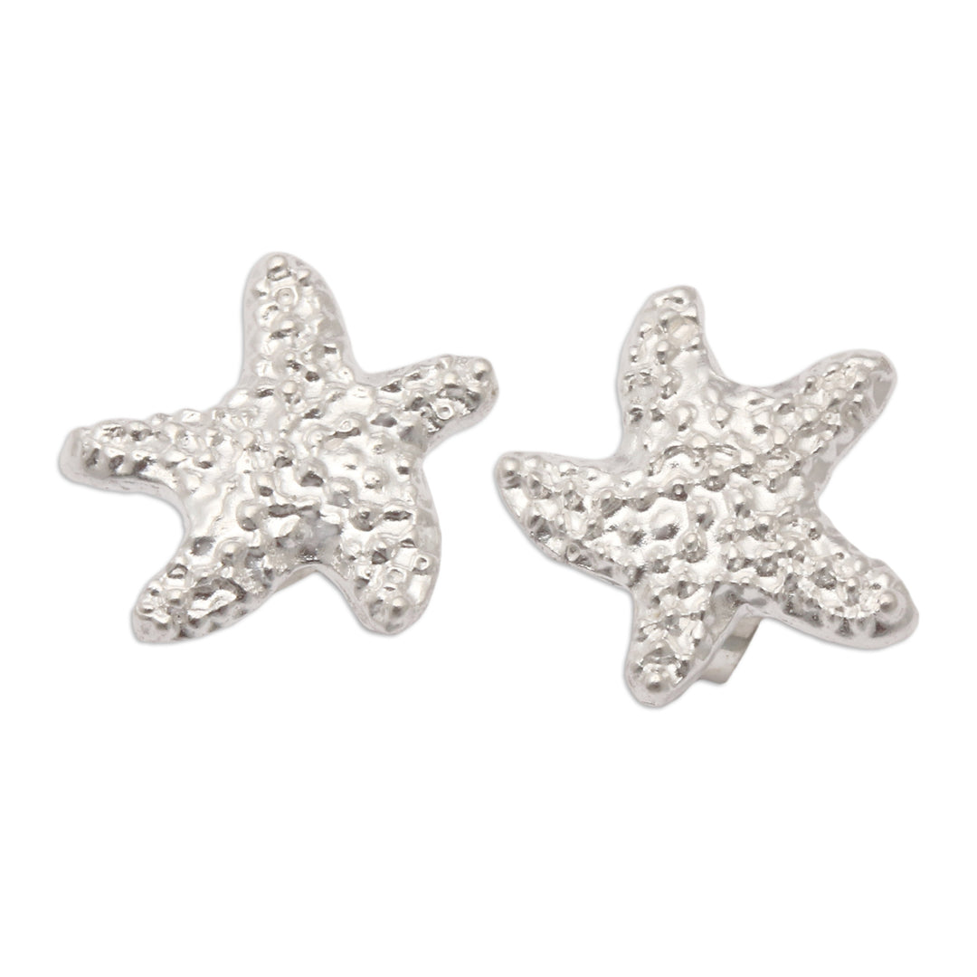 Textured Sterling Silver Starfish Stud Earrings from Bali - Starfish Splendor