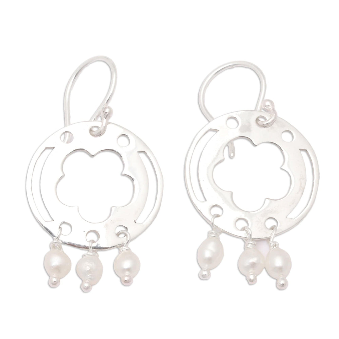 Floral Sterling Silver Dangle Earrings with Grey Pearls - Pearly Fantasy