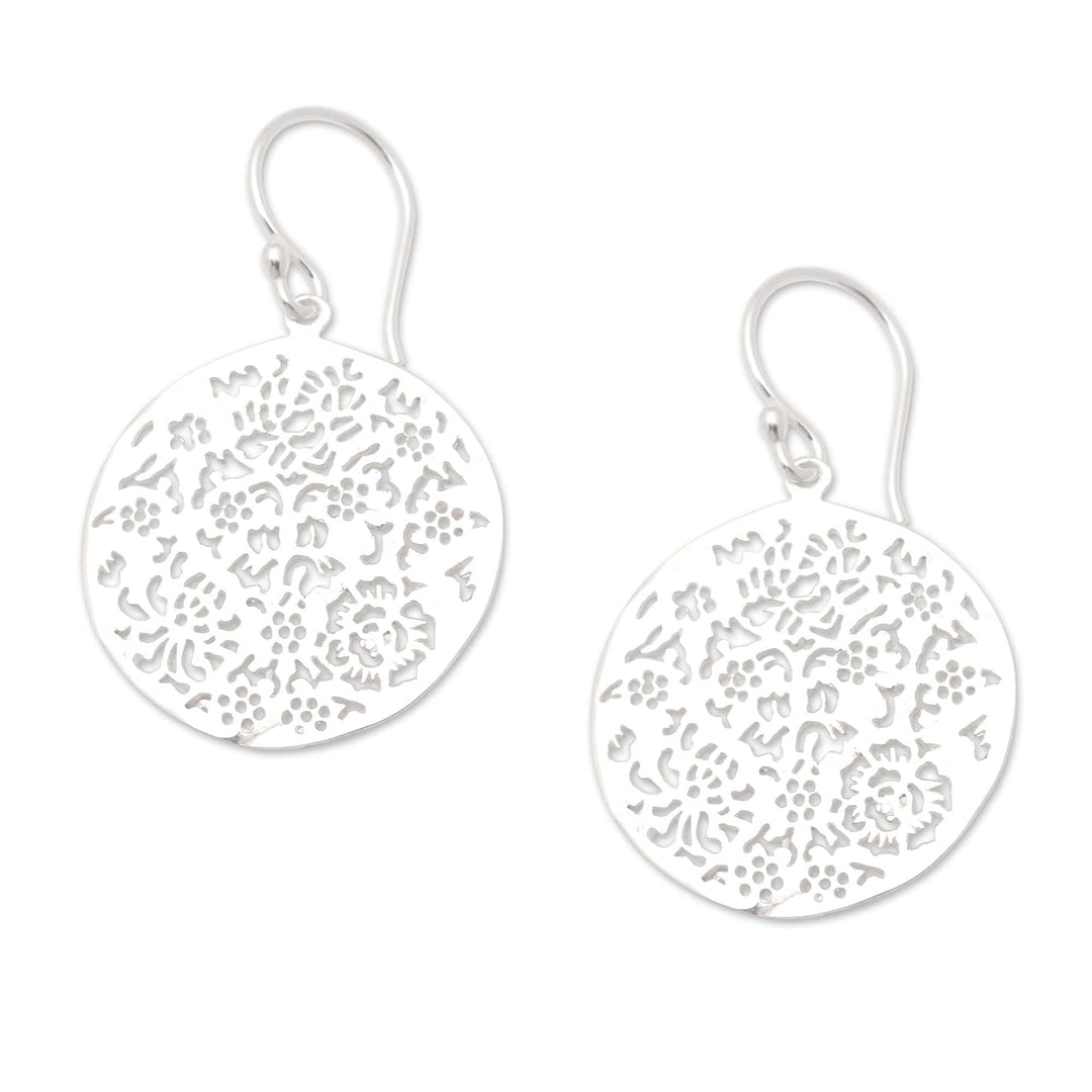 Floral and Leafy Round Sterling Silver Dangle Earrings - Blooming Summer