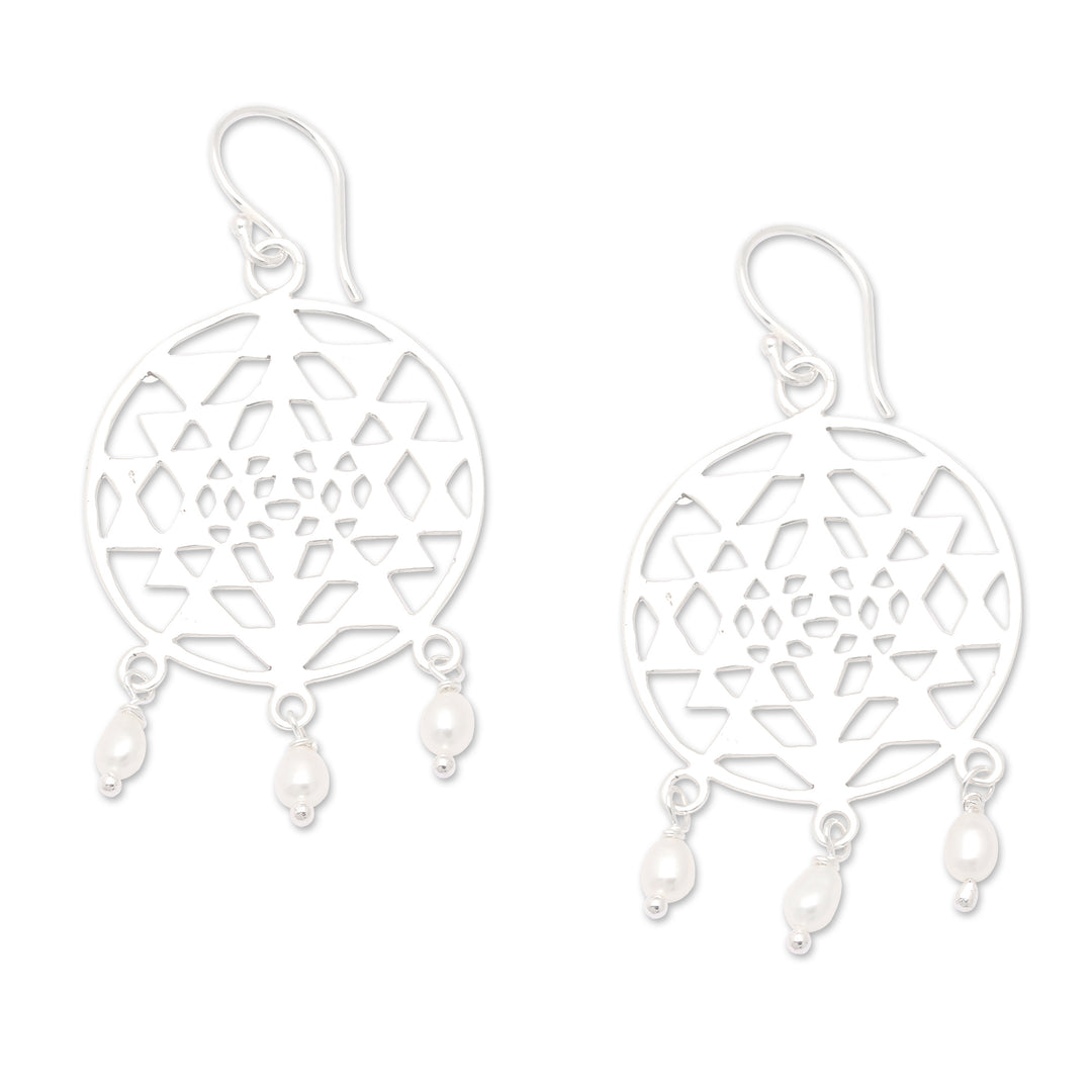 Round Geometric Cultured Pearl Dangle Earrings from Bali - Pearly Hypnotism