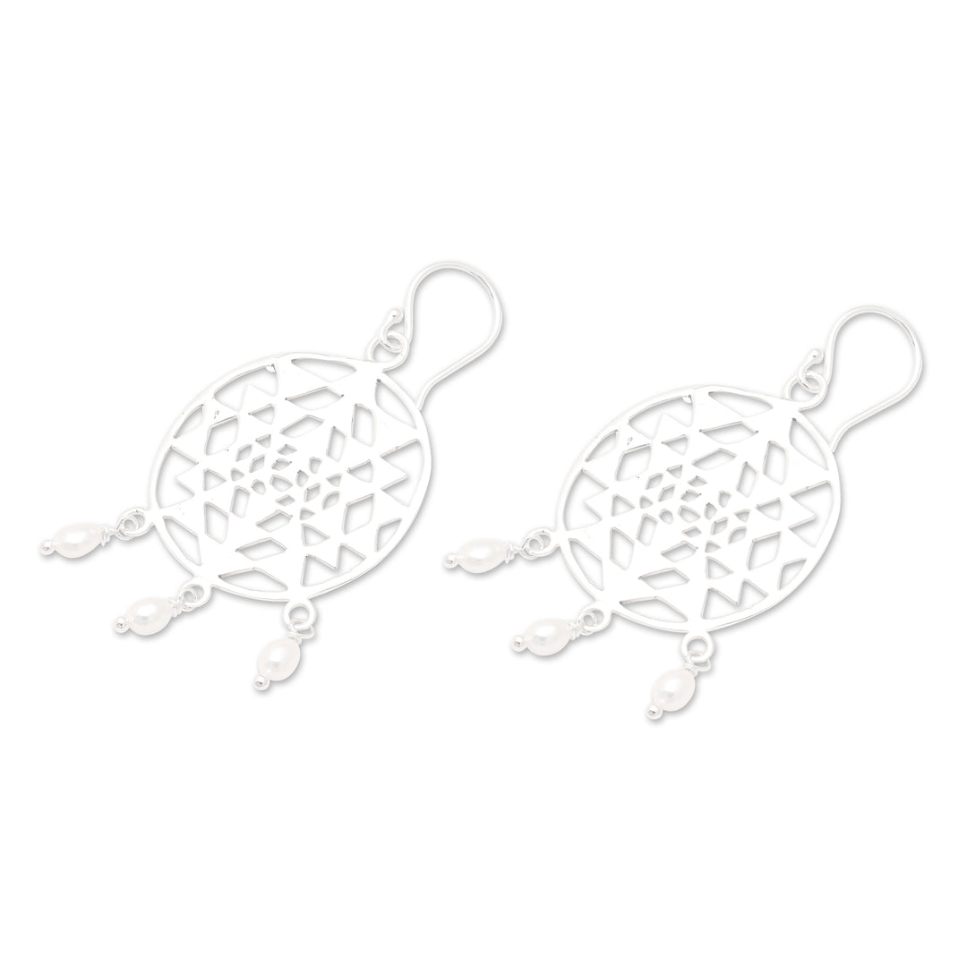 Round Geometric Cultured Pearl Dangle Earrings from Bali - Pearly Hypnotism