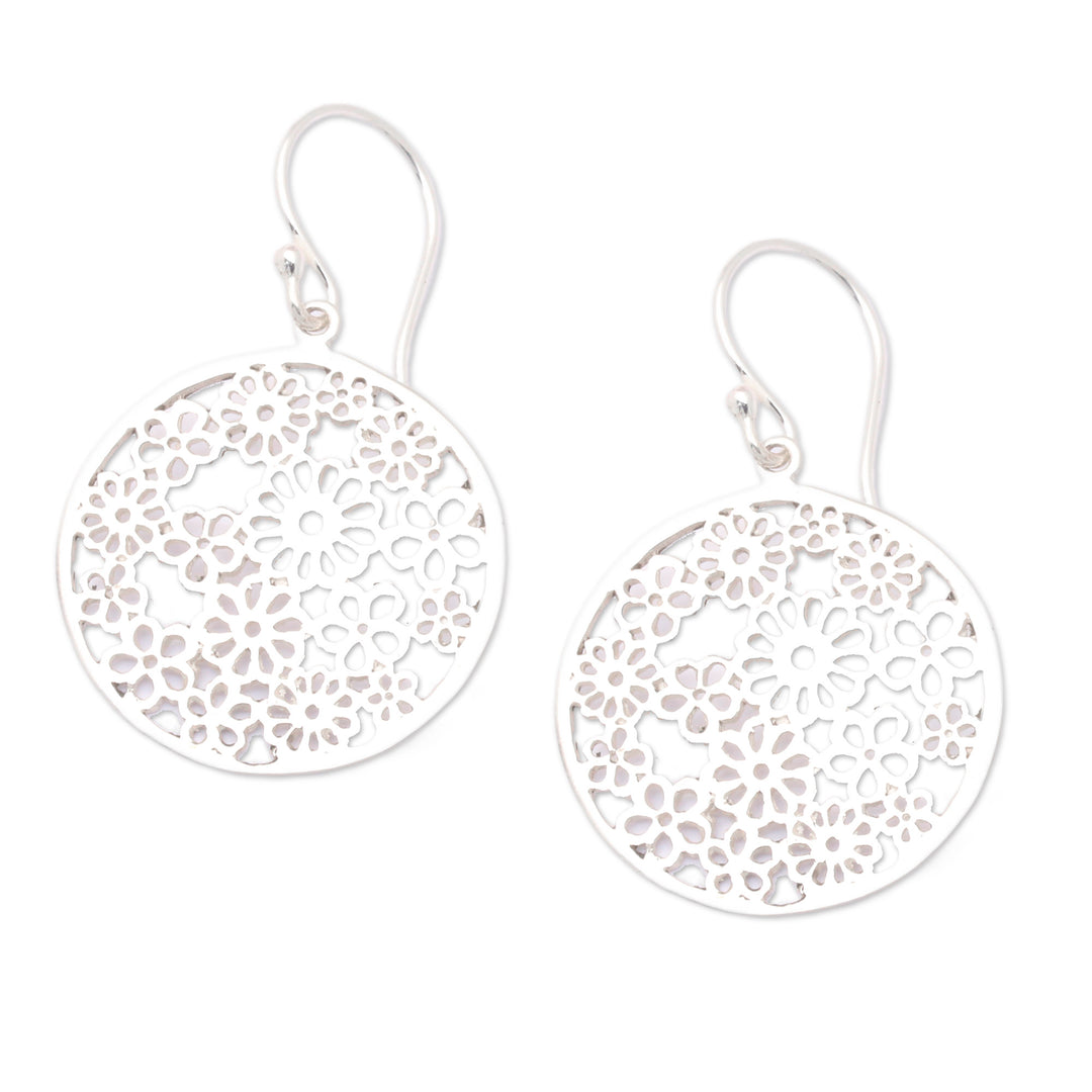 Polished Round Floral Sterling Silver Dangle Earrings - Radiant Day