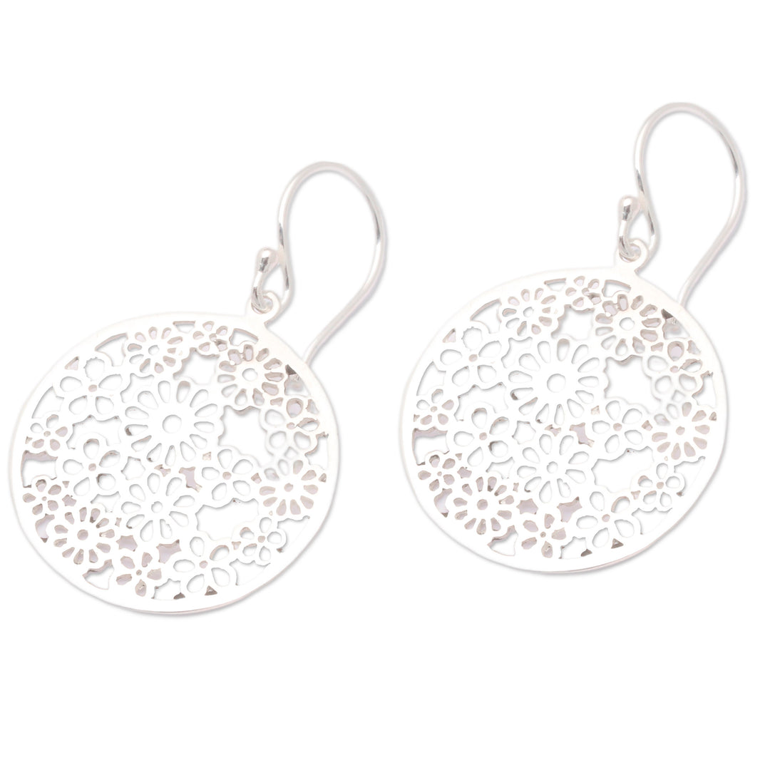 Polished Round Floral Sterling Silver Dangle Earrings - Radiant Day