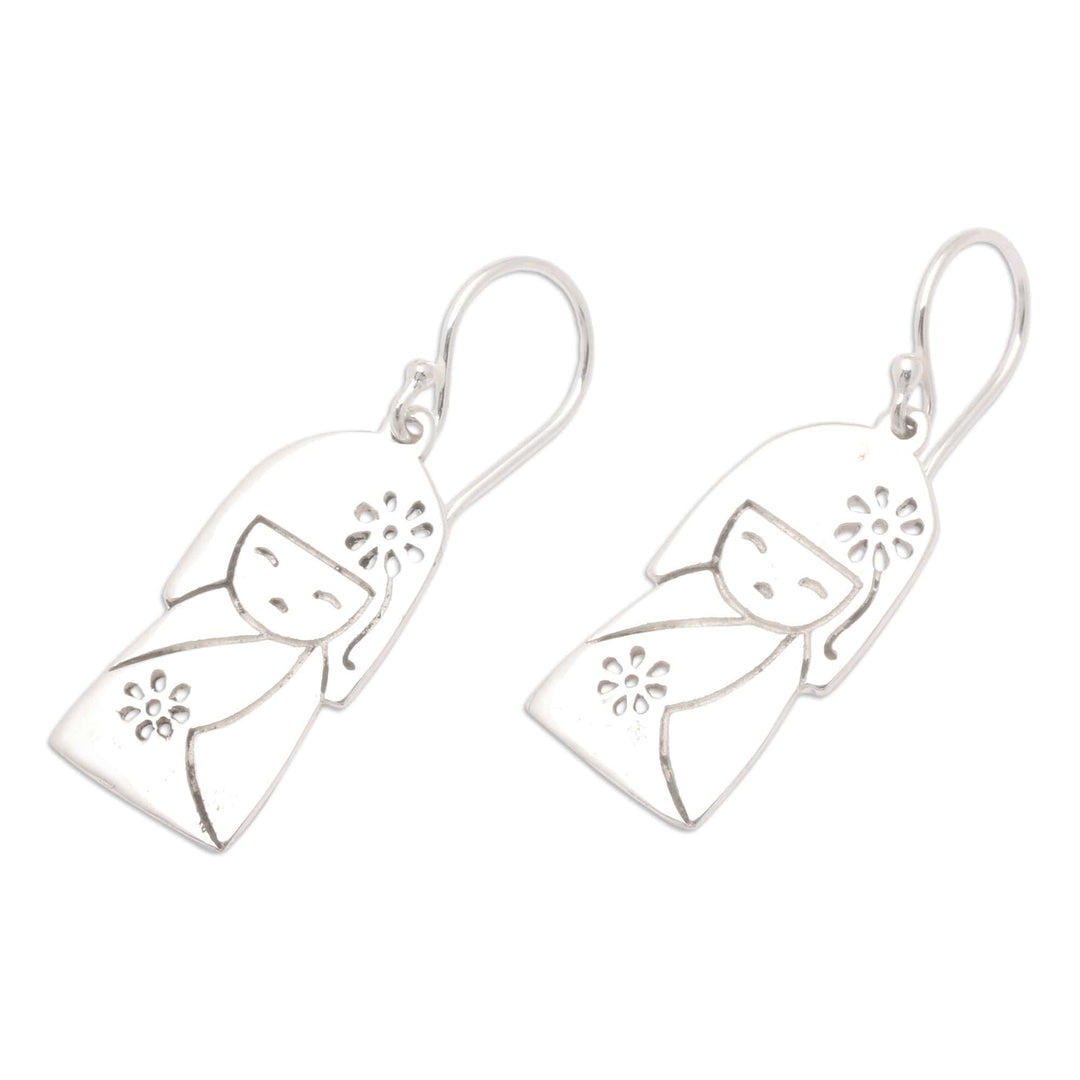 Jizo Girl-Themed Sterling Silver Dangle Earrings from Bali - Jizo Spirit