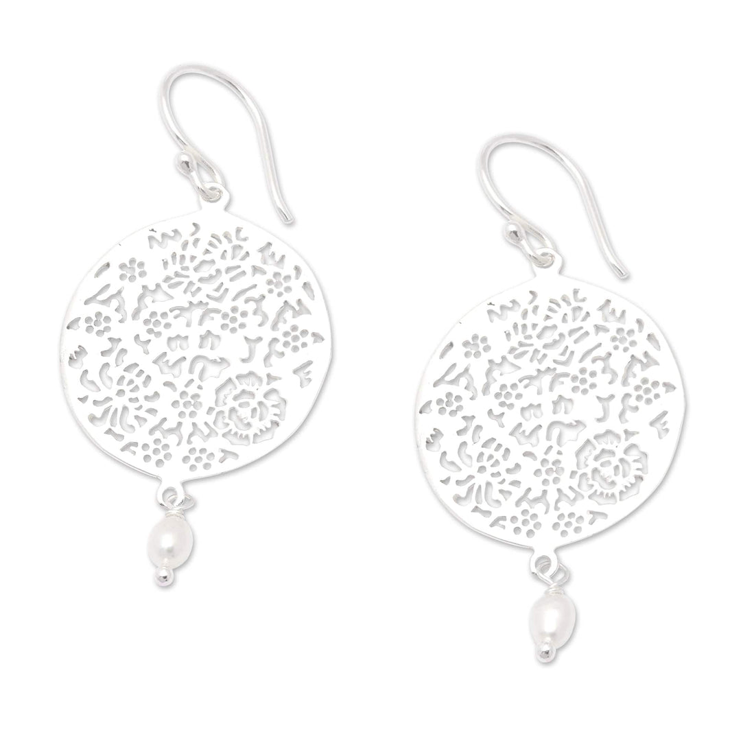 Floral and Leafy Round Cultured Pearl Dangle Earrings - Pearly Summer