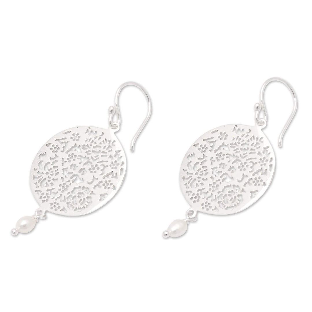 Floral and Leafy Round Cultured Pearl Dangle Earrings - Pearly Summer