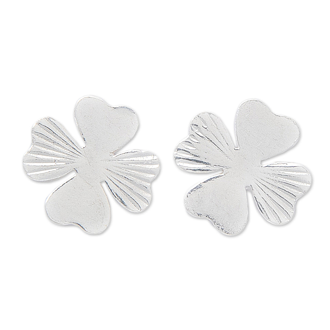Lucky Clover-Shaped Sterling Silver Stud Earrings from Bali - Sprouting Clover
