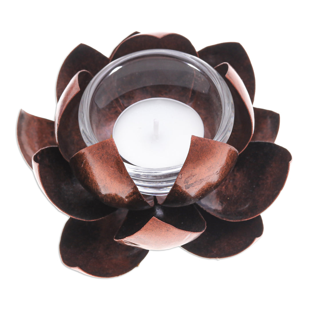 Handcrafted Copper-Hued Lotus Flower Steel Tealight Holder - Precious Lotus
