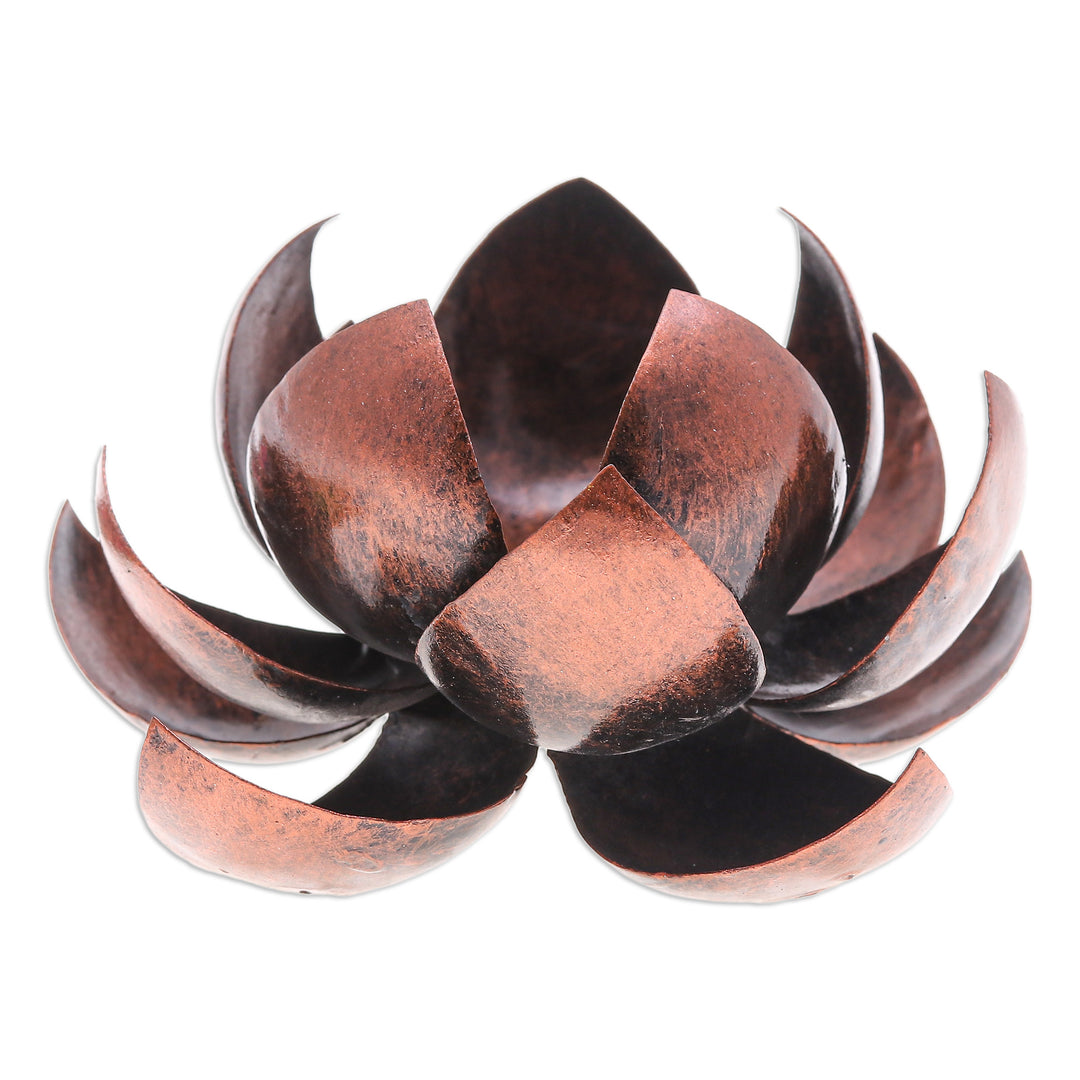Handcrafted Copper-Hued Lotus Flower Steel Tealight Holder - Precious Lotus