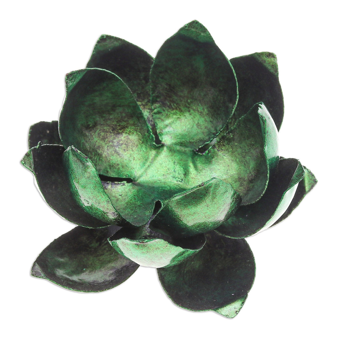 Handcrafted Steel Lotus Flower Tealight Holder in Green - Precious Lotus in Green