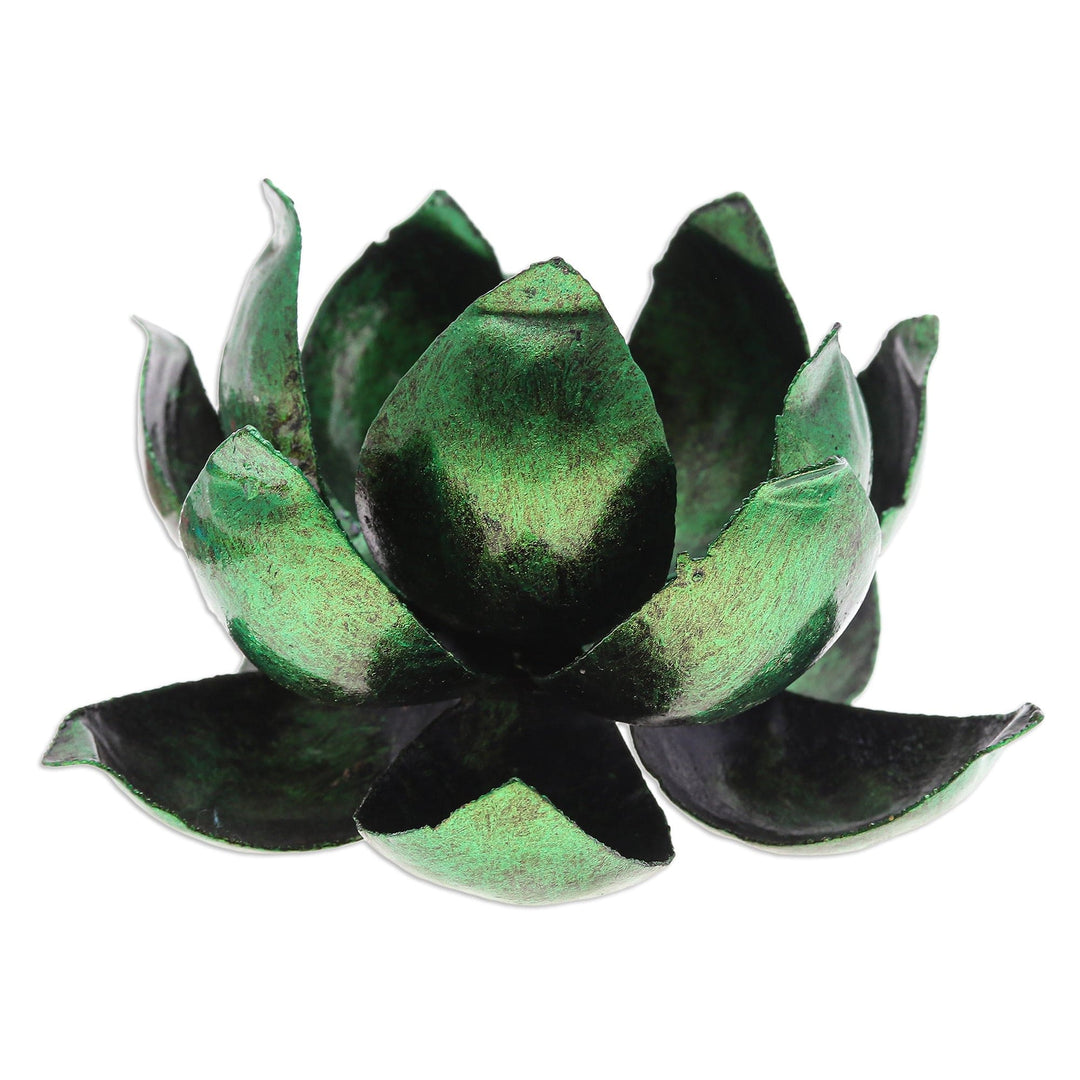 Handcrafted Steel Lotus Flower Tealight Holder in Green - Precious Lotus in Green